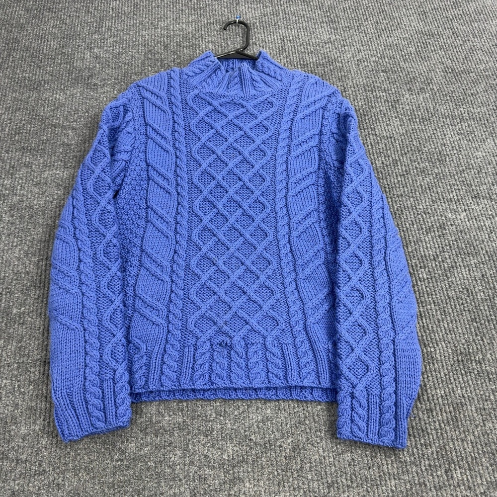 Paul James Sweater Mens L Blue Wool Cable Knit Mock Neck Made in England Classic